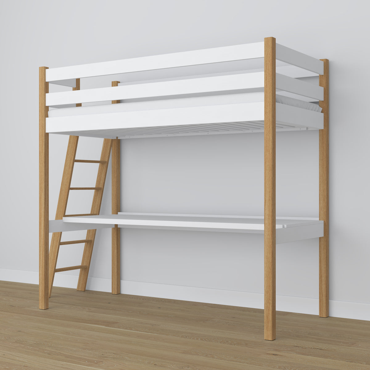 White and Oak Wooden Loft Bed with Desk – Ladder and Safety Rail
