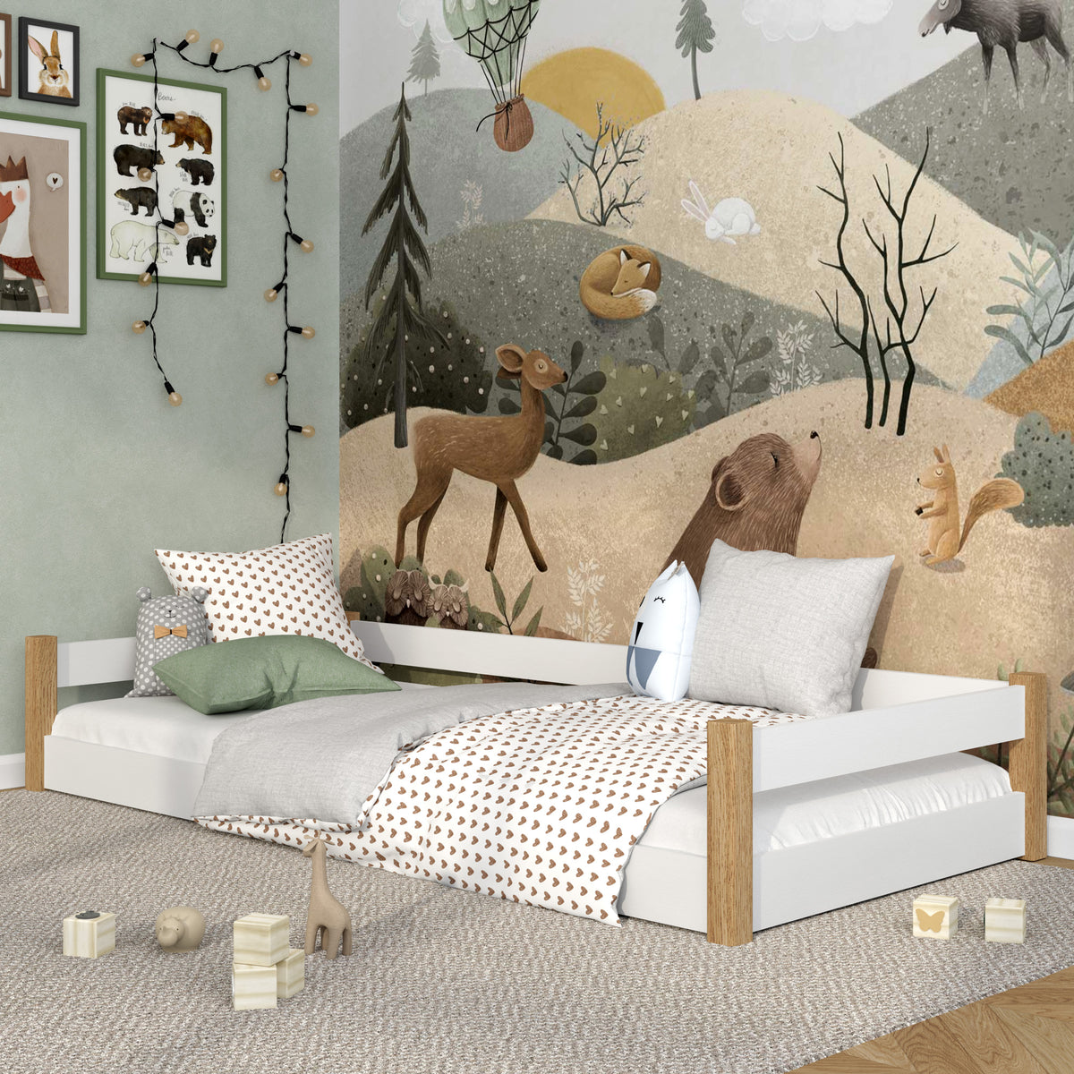 Low Bed Wooden White and Oak – Low Frame, Side View, Scandi Bedroom