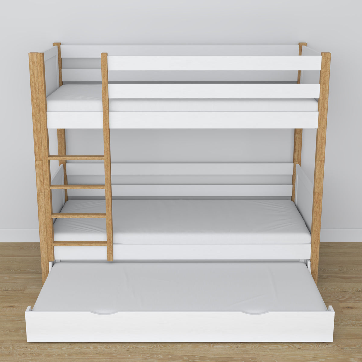 Bunk Bed with Mattress Drawer White and Oak Wooden – Solid Wood, Scandi Style