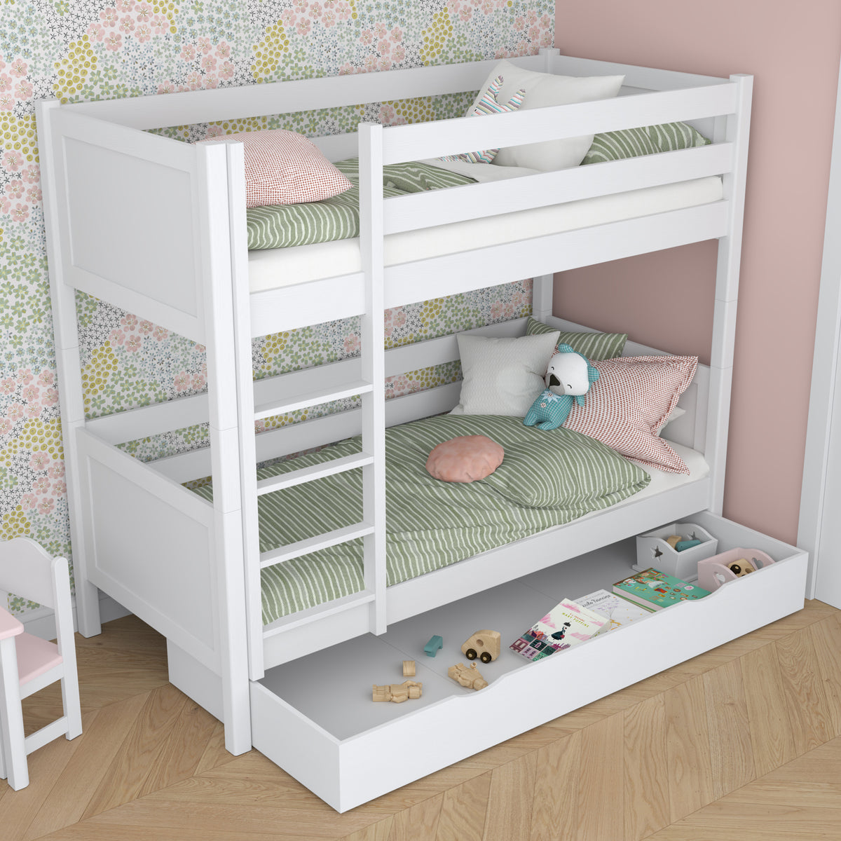 White Bunk Bed for Children – Two Sleeping Areas and Drawer, Wooden