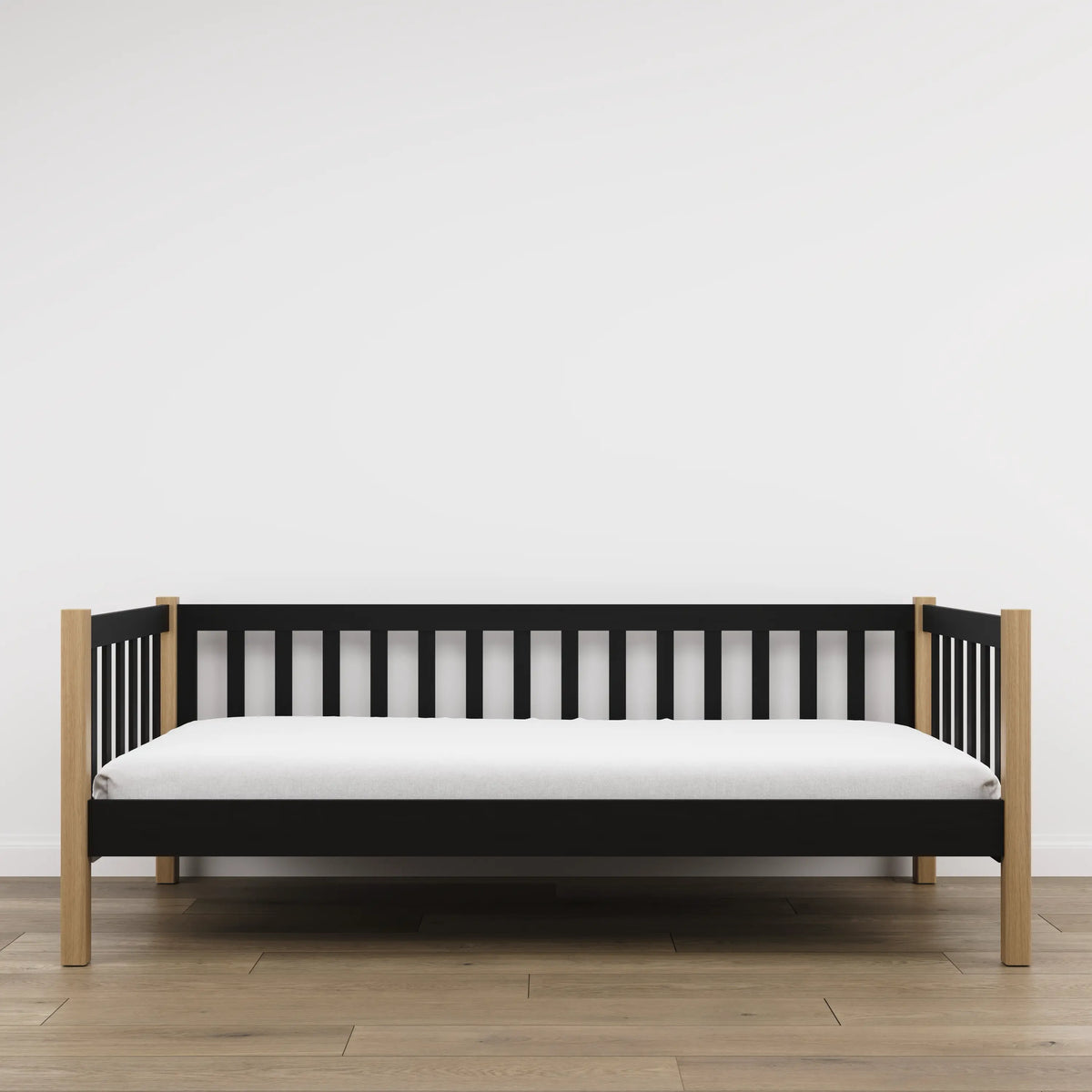 Sofa bed wooden black with oak – side view, shape and proportions of the furniture