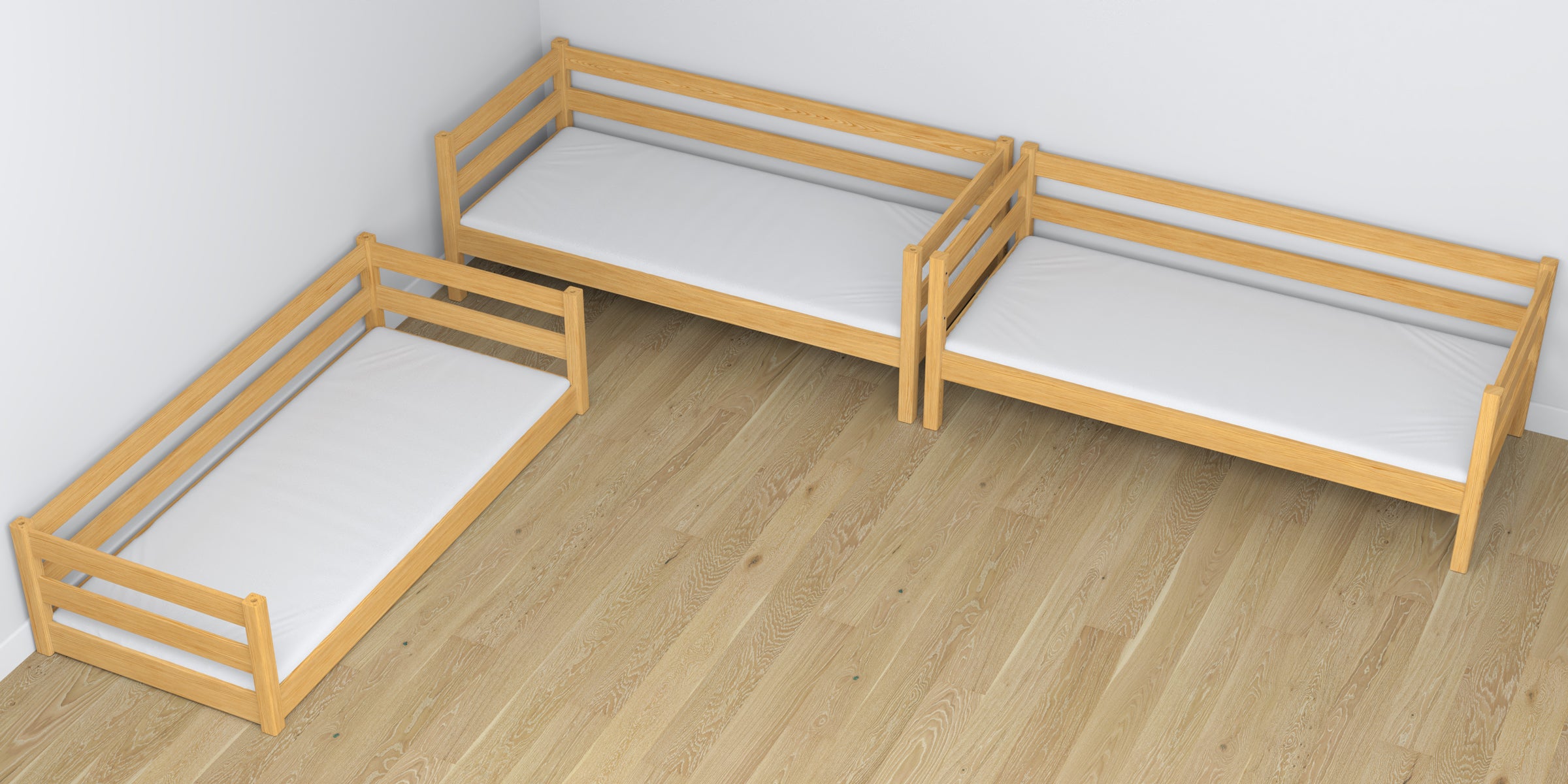 Triple bunk bed wooden natural pine – close-up of joints and construction details
