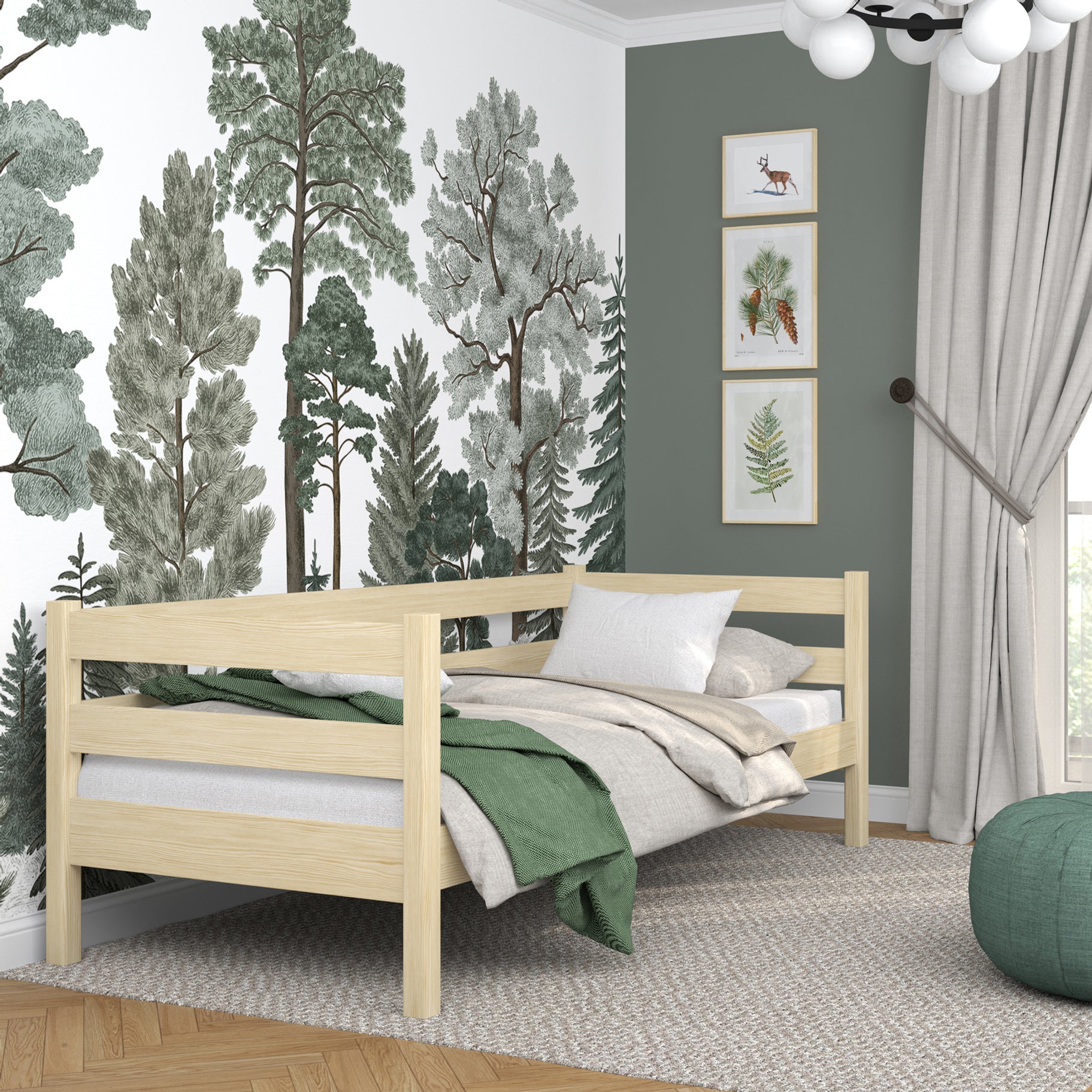 Łóżko sofa drewniane sosna bezbarwna – widok boczny, bryła i proporcje mebla