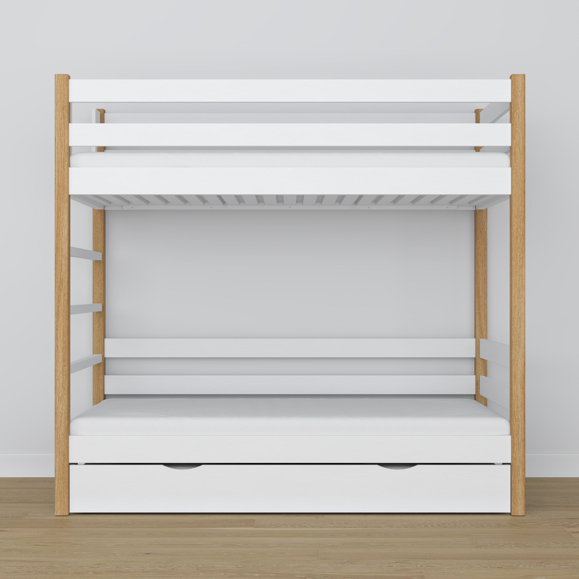 White and Oak Wooden Bunk Bed – Interior of Mattress Drawer, Children’s Room