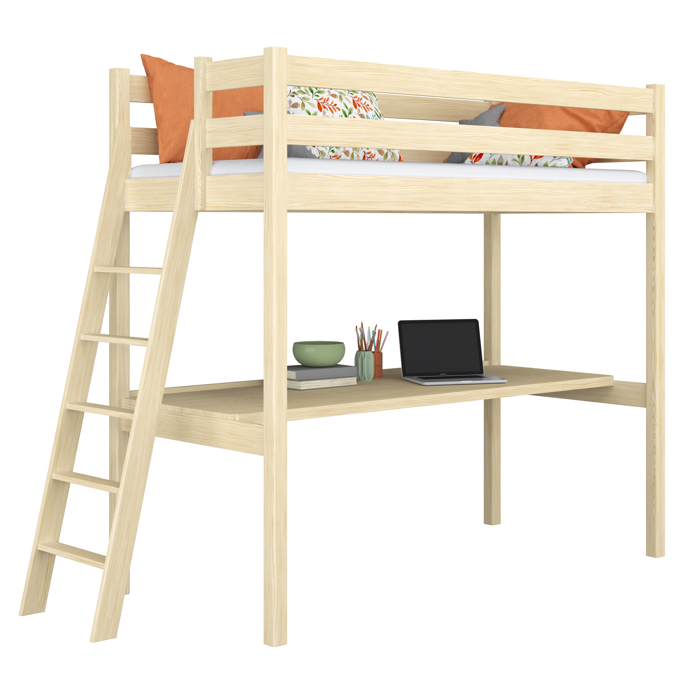 Clear Pine Wooden Loft Bed with Desk – Children’s Room, Scandi Nizio