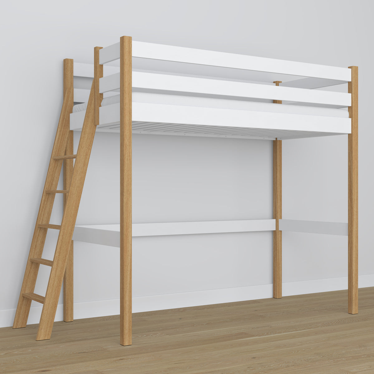Loft bed white/oak wooden – top view of the sleeping area