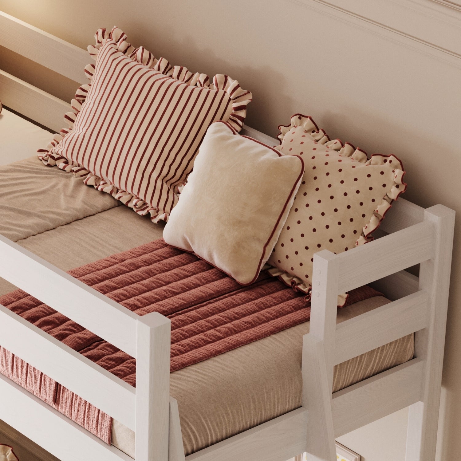 Loft bed white – wooden desk under the sleeping area, scandi children’s room