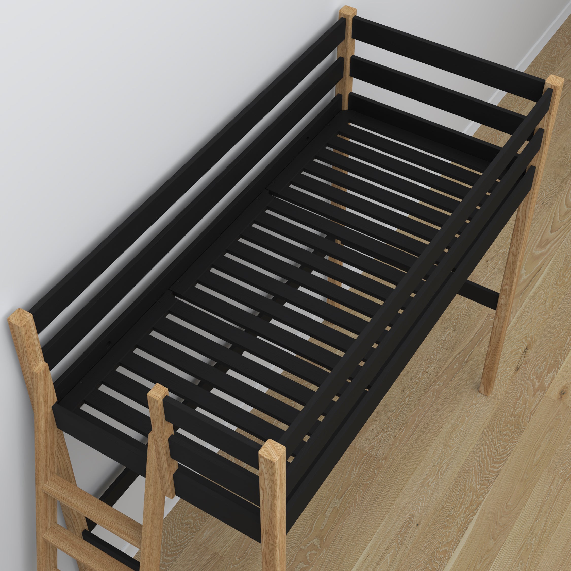 Black and Oak Wooden Loft Bed – Ladder and Joint Details, Nizio Home