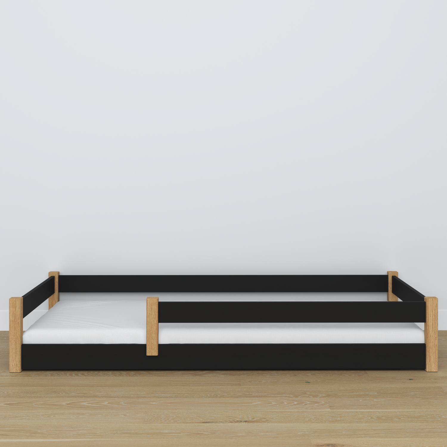 Low Bed Black and Oak – Wooden Headboard, Close-up of Wood Quality