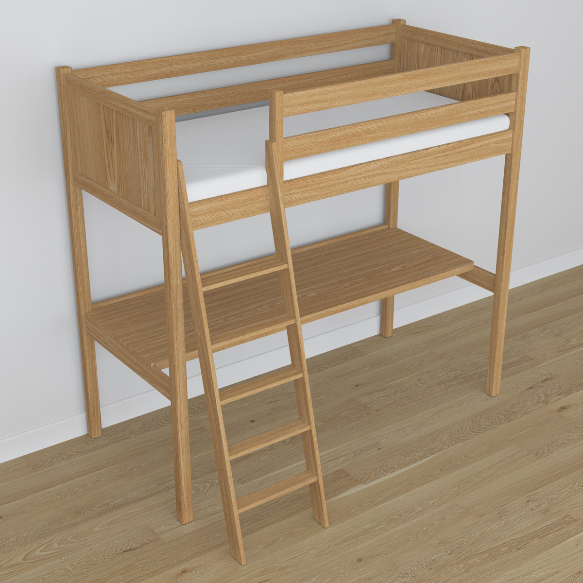 Loft bed natural oak oak – top view of the sleeping area, Nizio