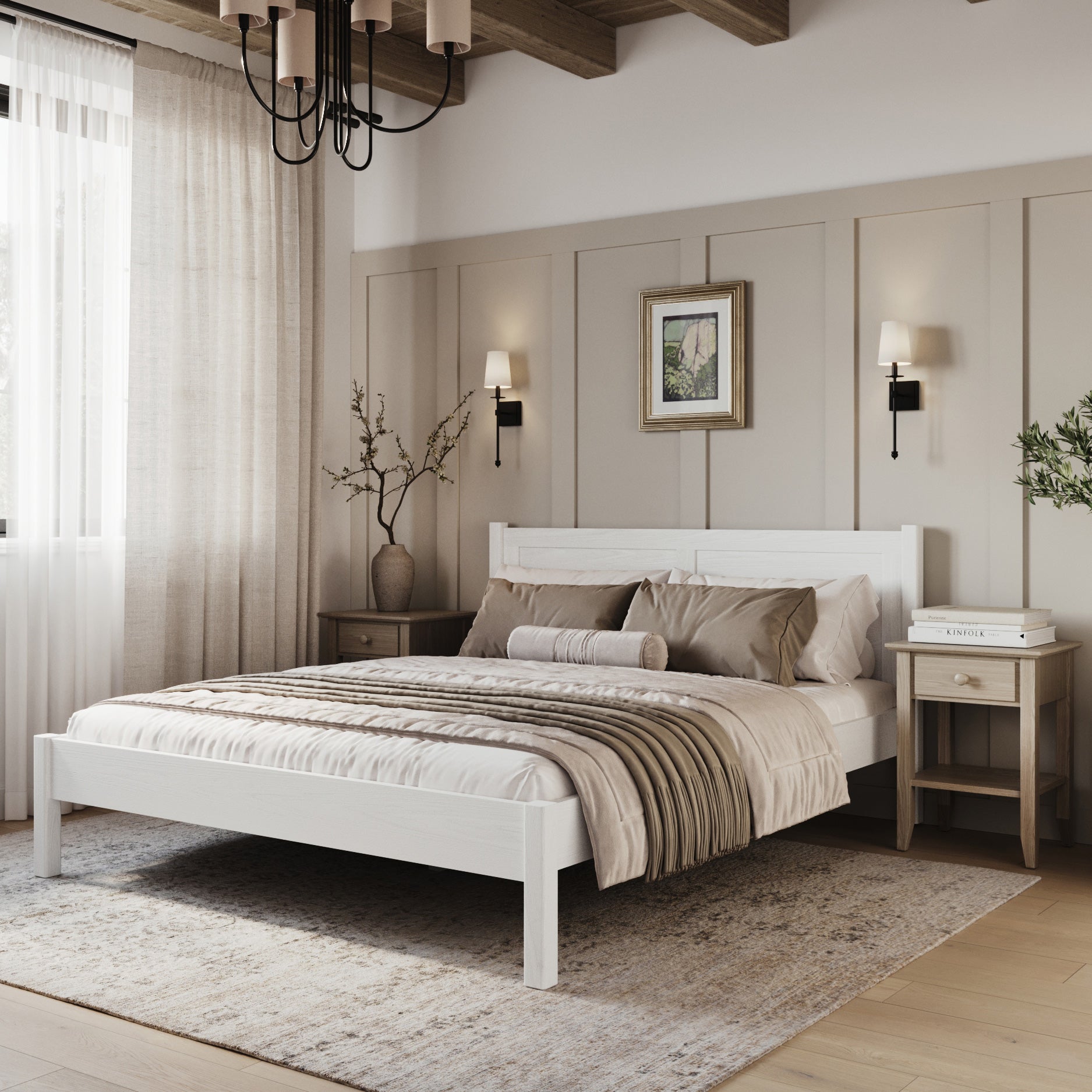 Wooden double bed white – side view, proportions and shape, bedroom