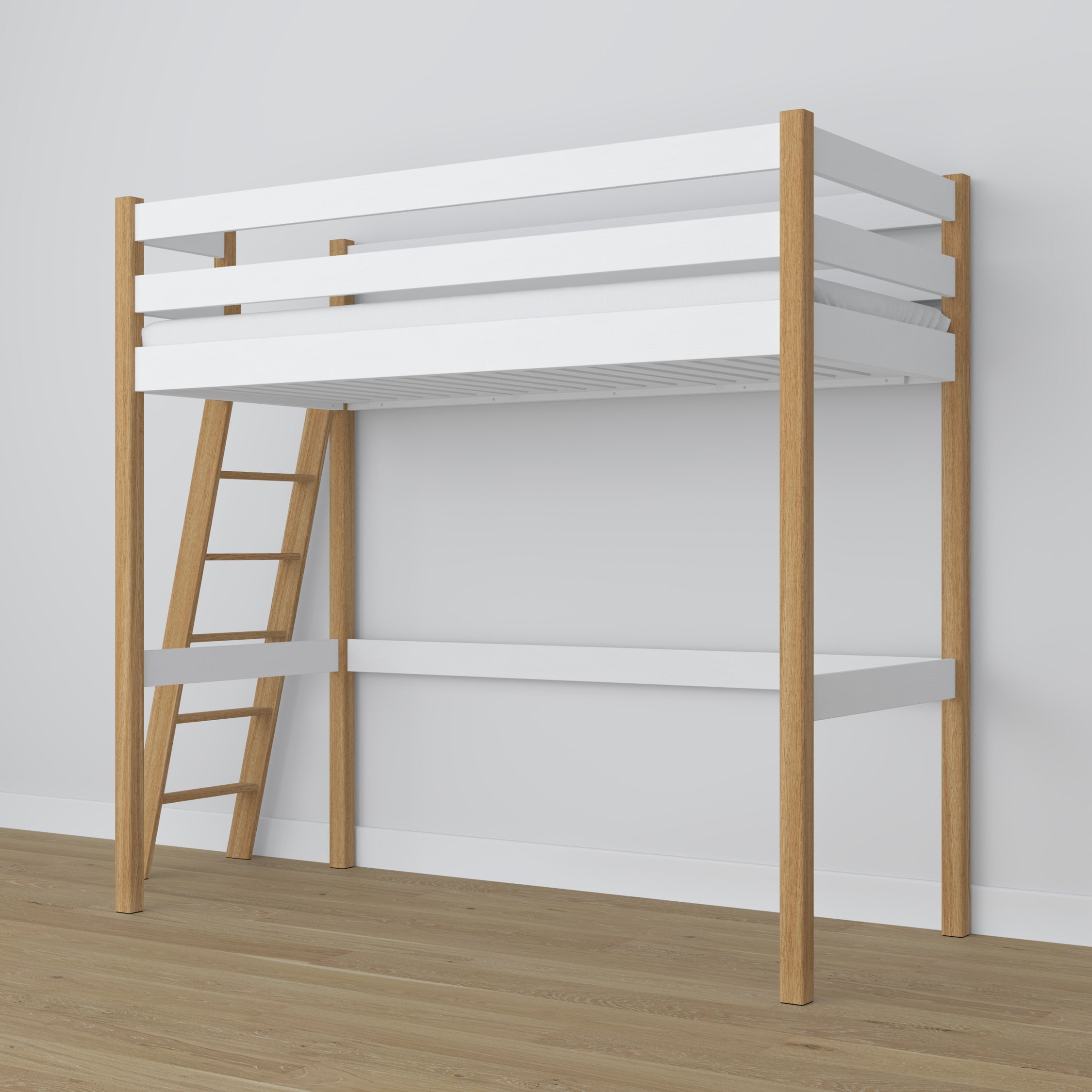 White and Oak Wooden Loft Bed – Free Space Under the Sleeping Area, Nizio