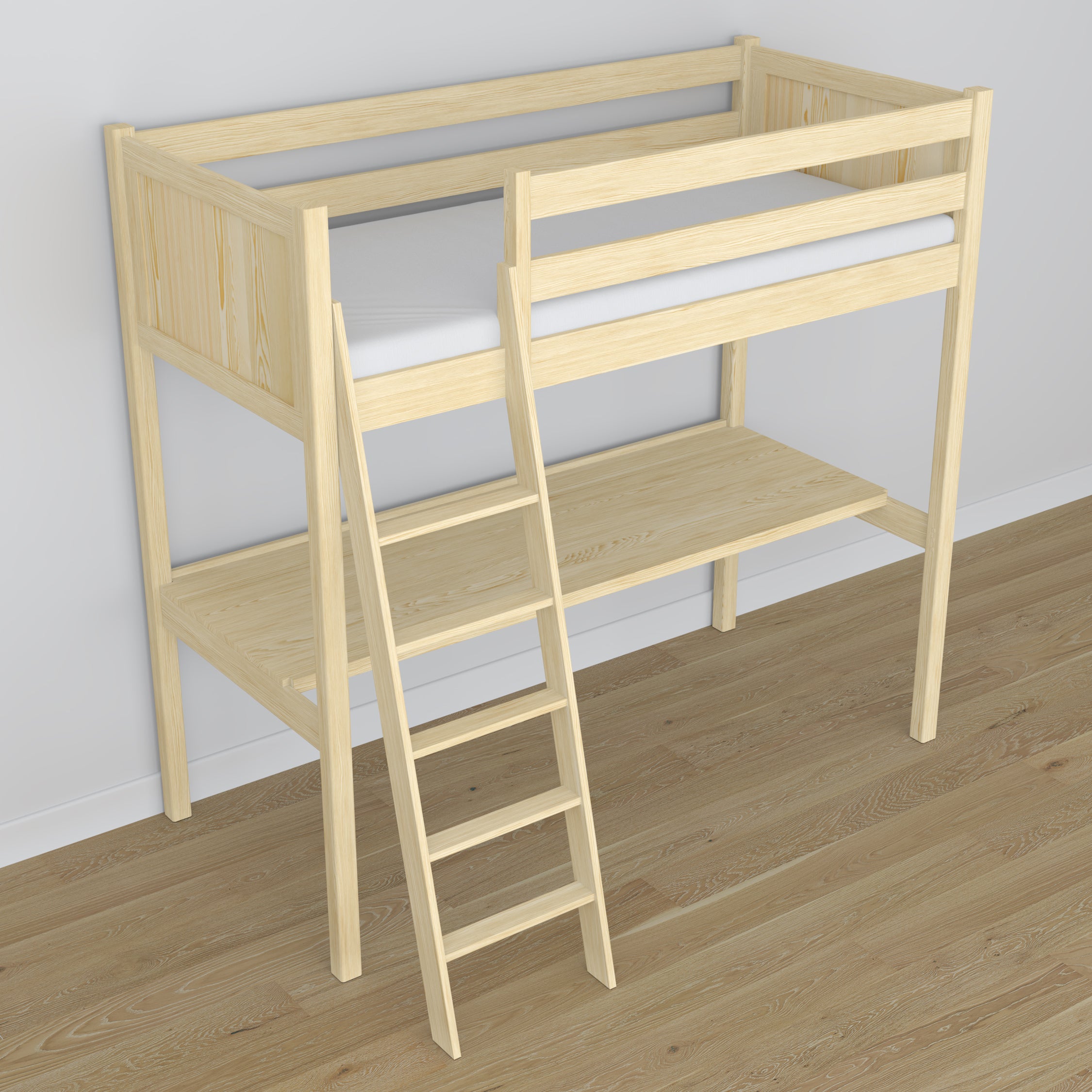 Loft bed clear pine wooden – top view of the sleeping area, Nizio