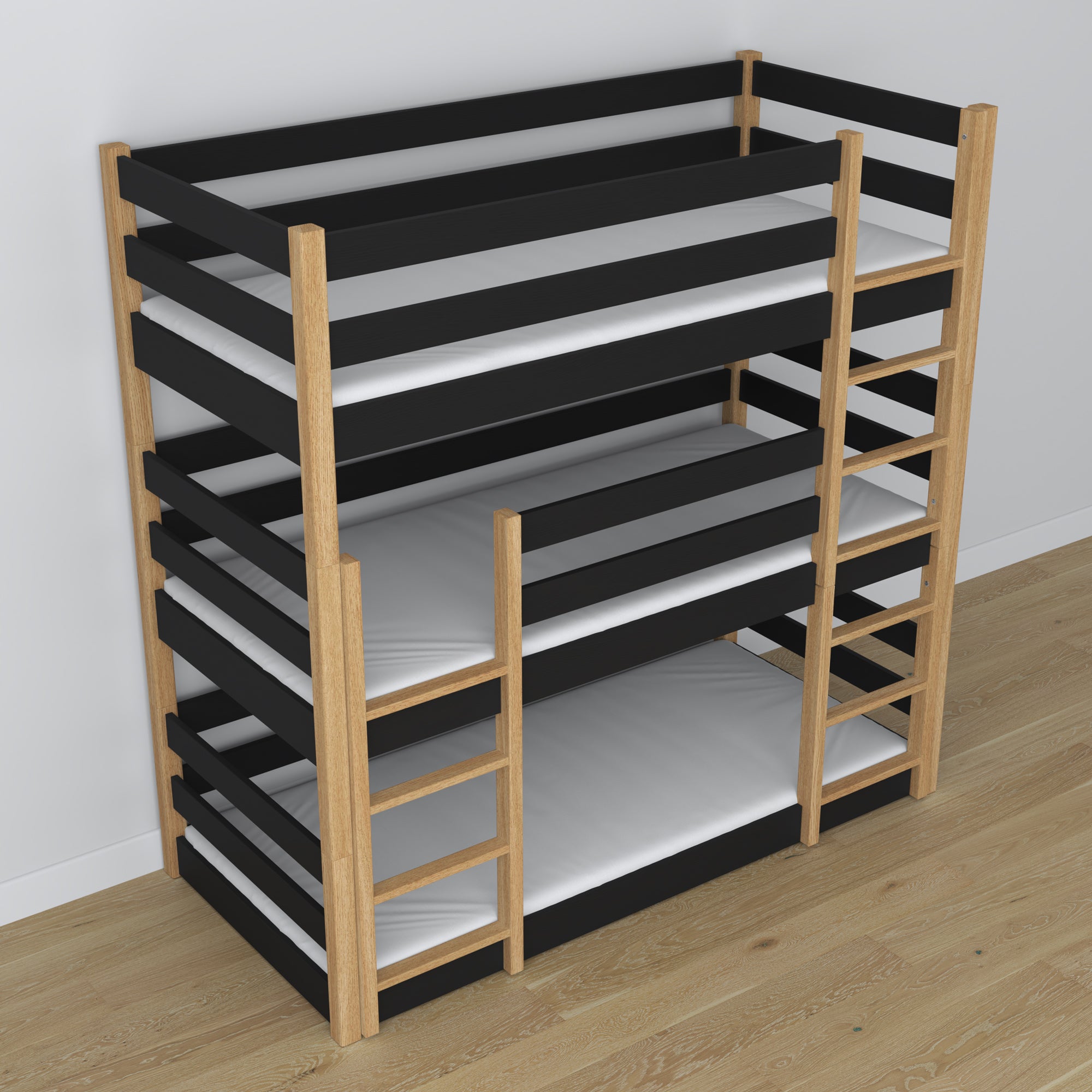 Triple bunk bed black with oak in children’s room – scandi arrangement, Nizio