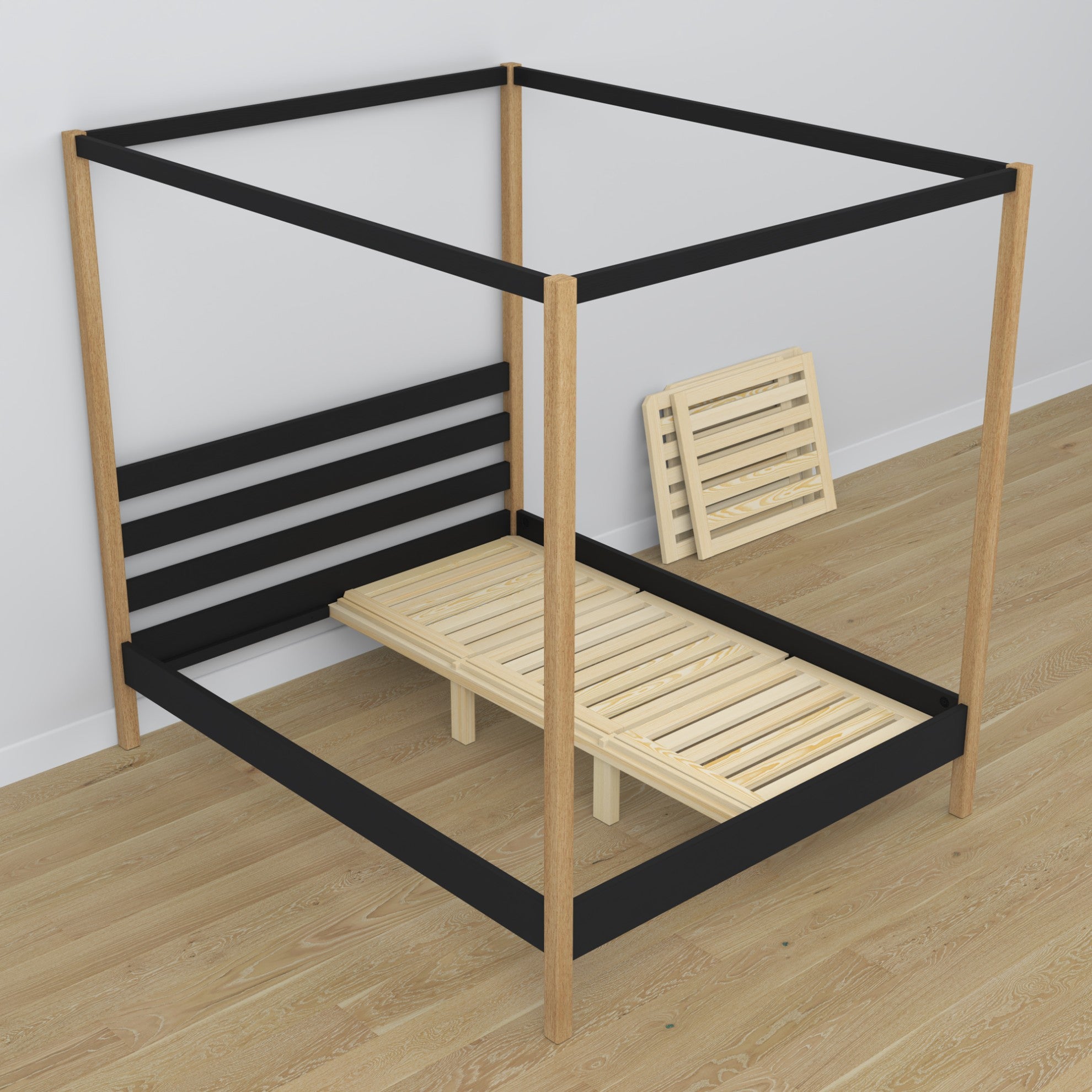 Black-oak canopy bed made of wood – side view, scandi style