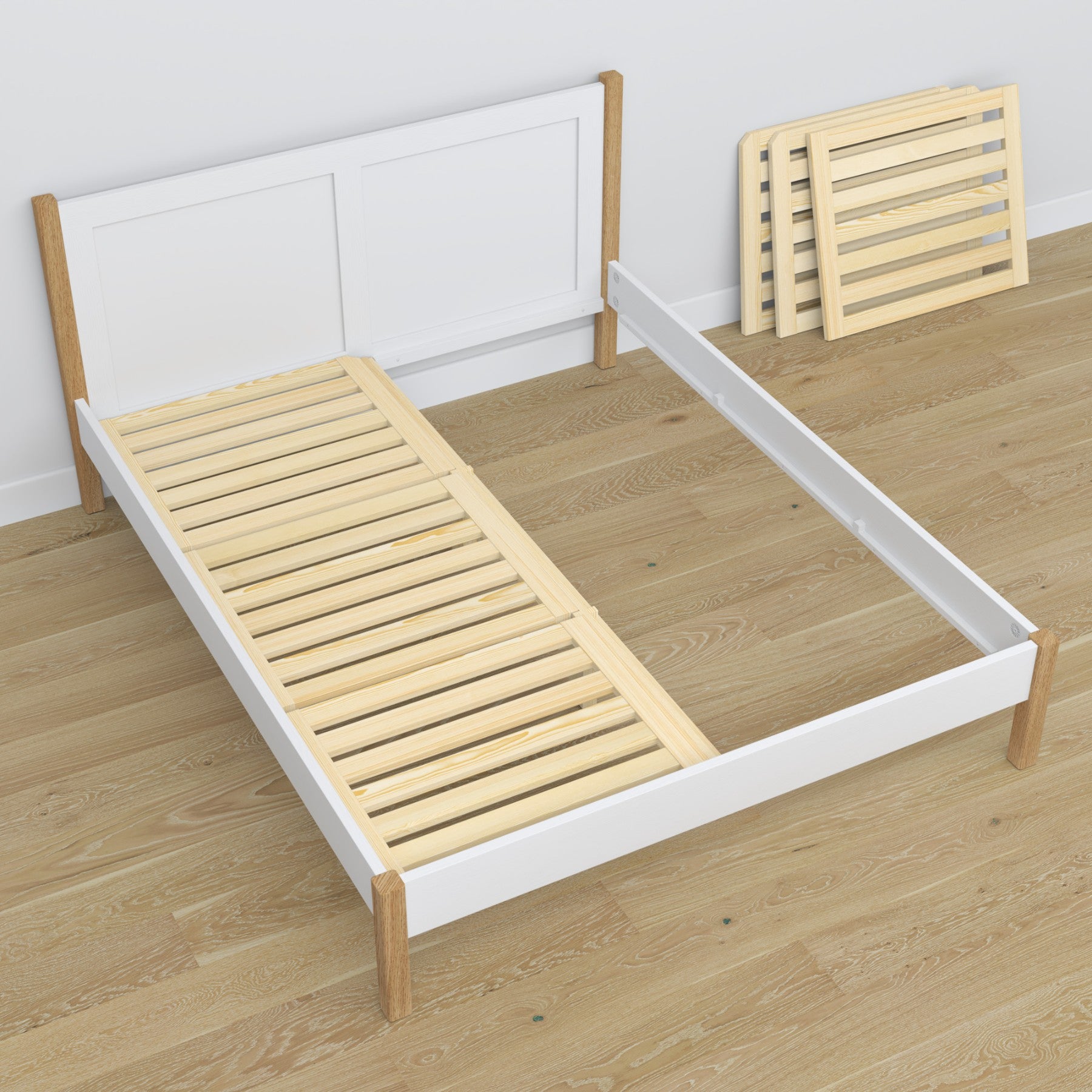 Wooden double bed white and oak – dimensions and diagram, Nizio Home