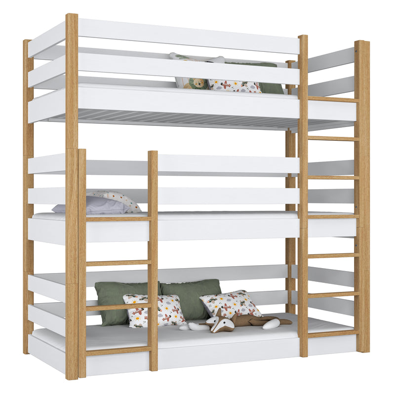 Triple bunk bed wooden white with oak – three sleeping places, scandi children’s room