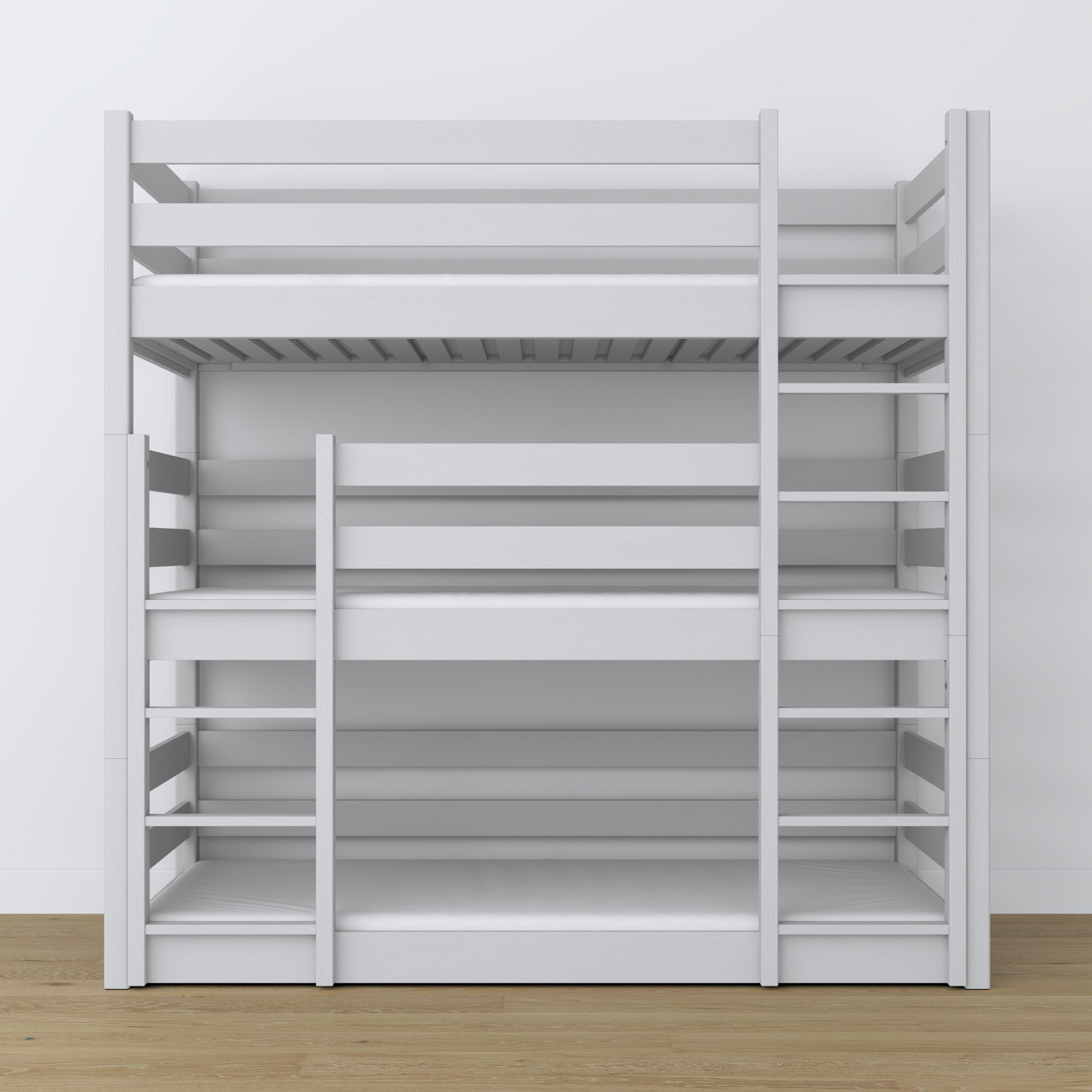 Triple bunk bed grey – ladder and safety rails, wooden