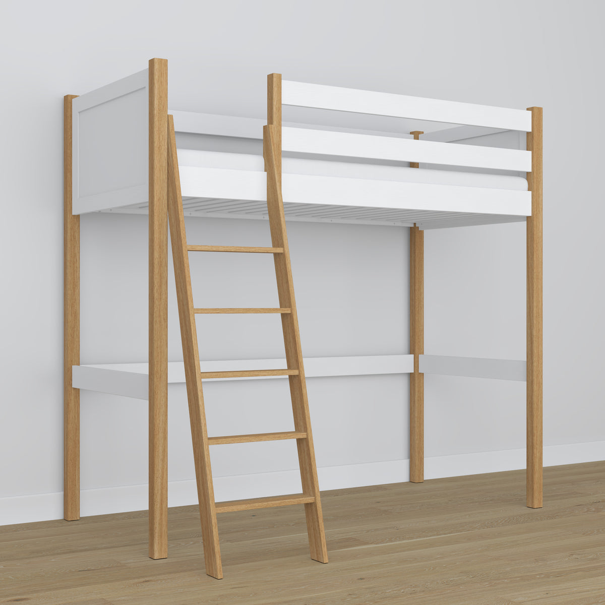Loft bed white/oak wooden – dimensions and diagram, Nizio