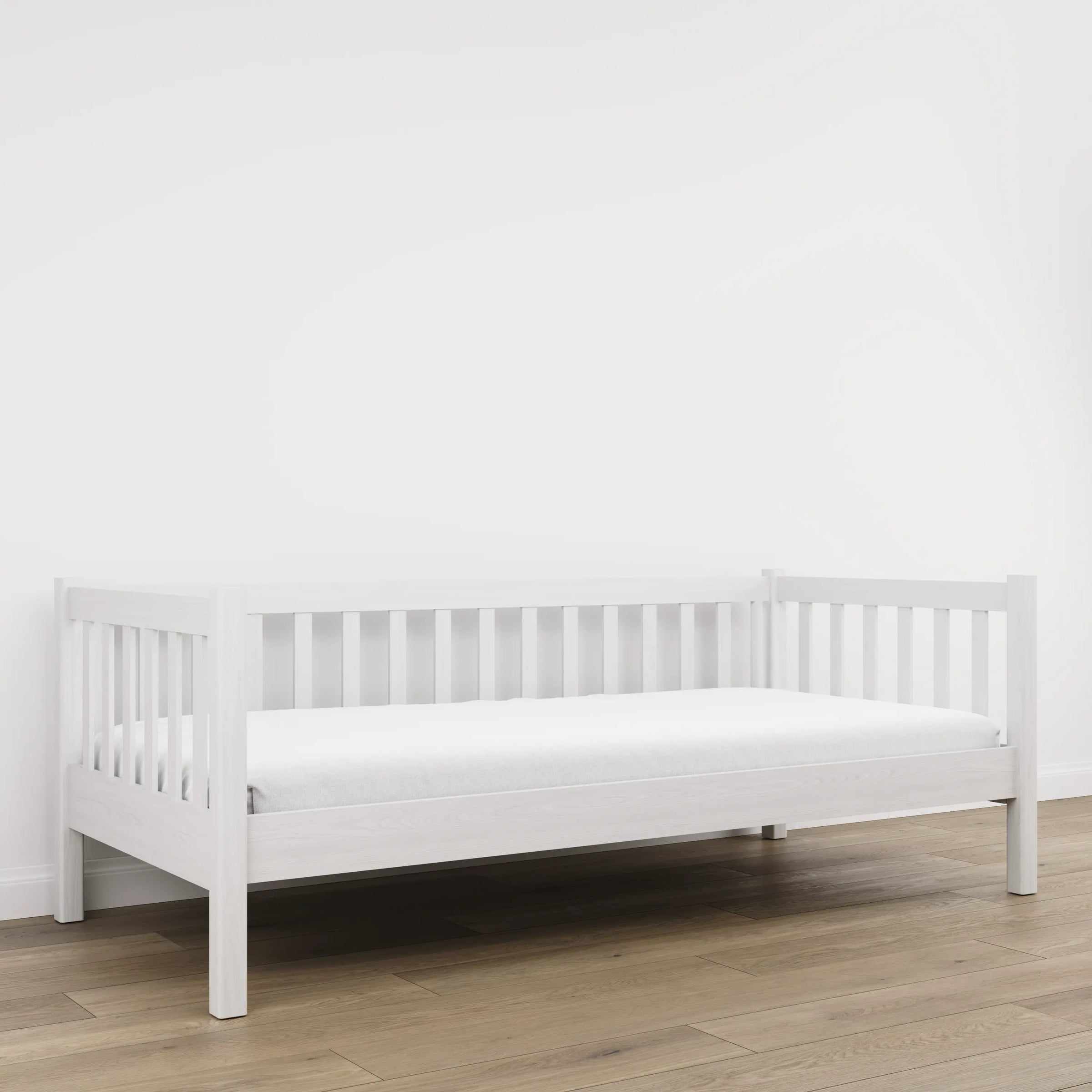 Sofa bed white – wooden side barrier, safety for children