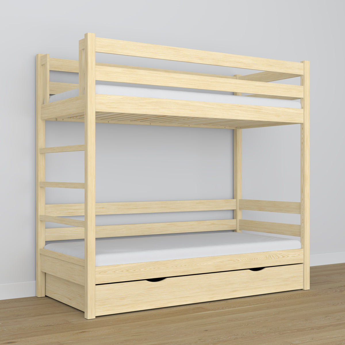 Clear Pine Wooden Bunk Bed with Drawer – Scandinavian Design, Nizio