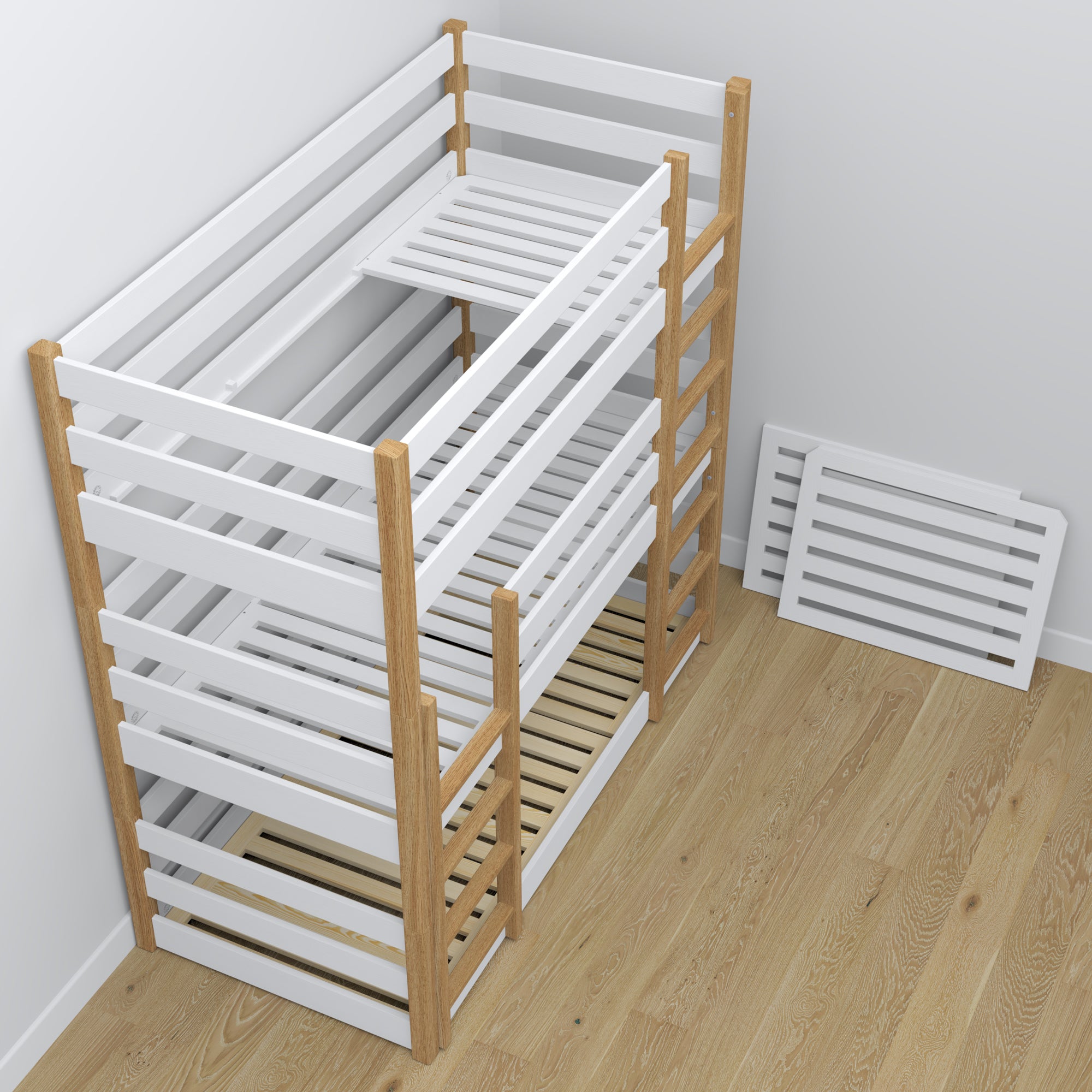 Triple bunk bed white with oak in children’s room – scandi arrangement, Nizio