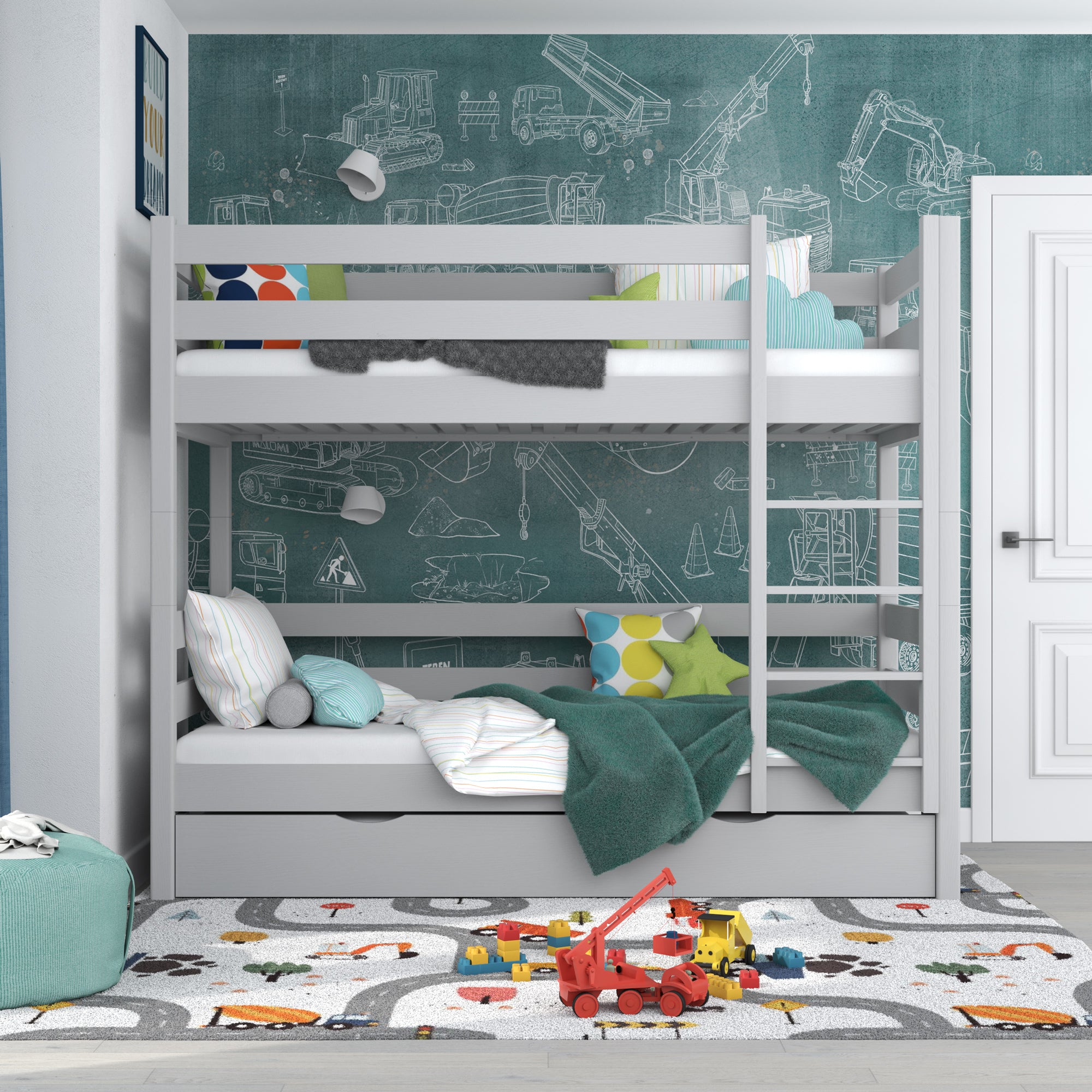 Grey Bunk Bed with Mattress Drawer – Safety Rail, Wooden, Nizio Home