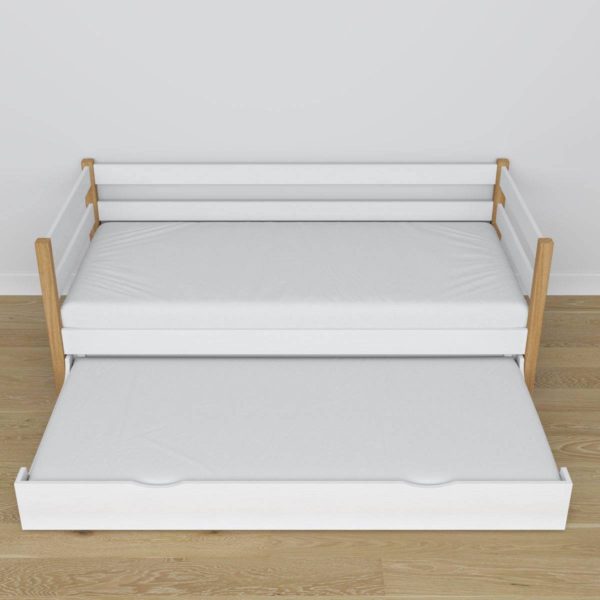 White-oak sofa bed with mattress drawer made of wood – dimensions, Nizio