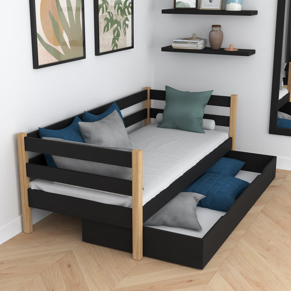 Sofa bed black-oak with drawer – spacious storage, wooden, Nizio