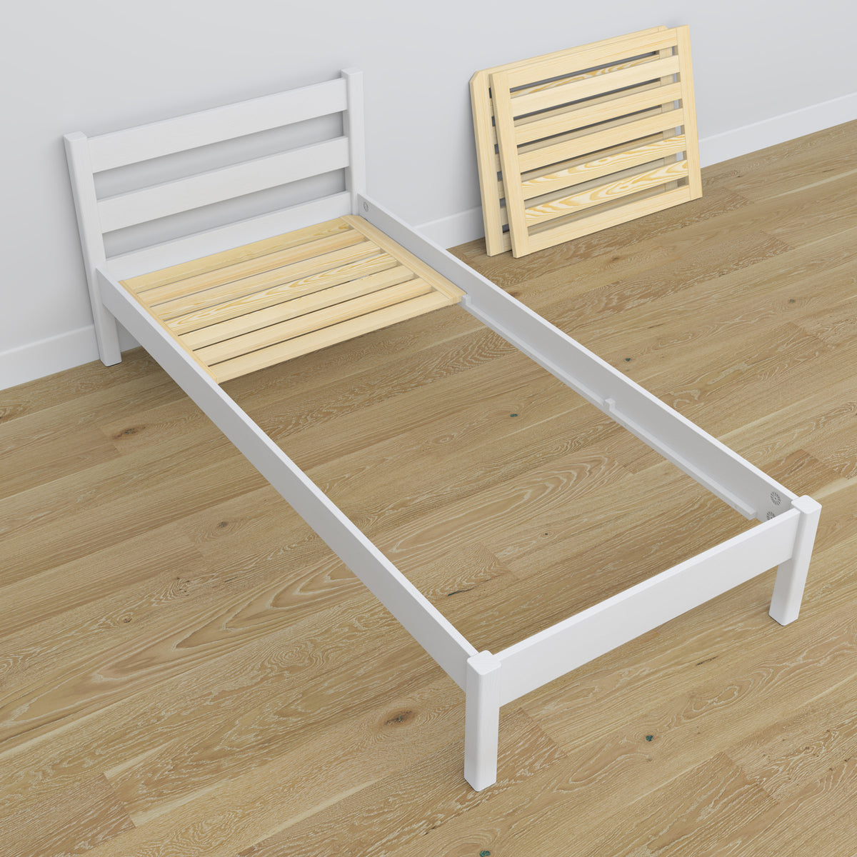 Wooden bed with drawer white – headboard, close-up of wood quality
