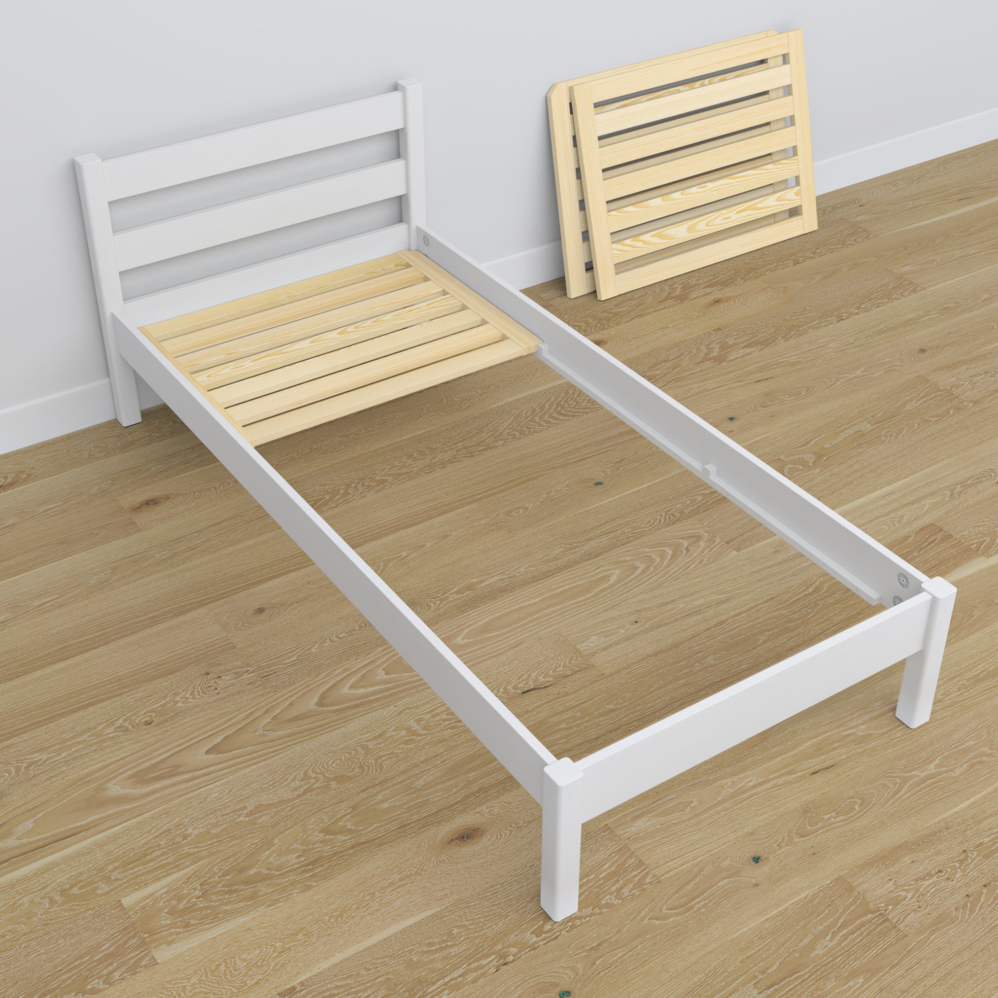 Wooden bed with drawer white – headboard, close-up of wood quality
