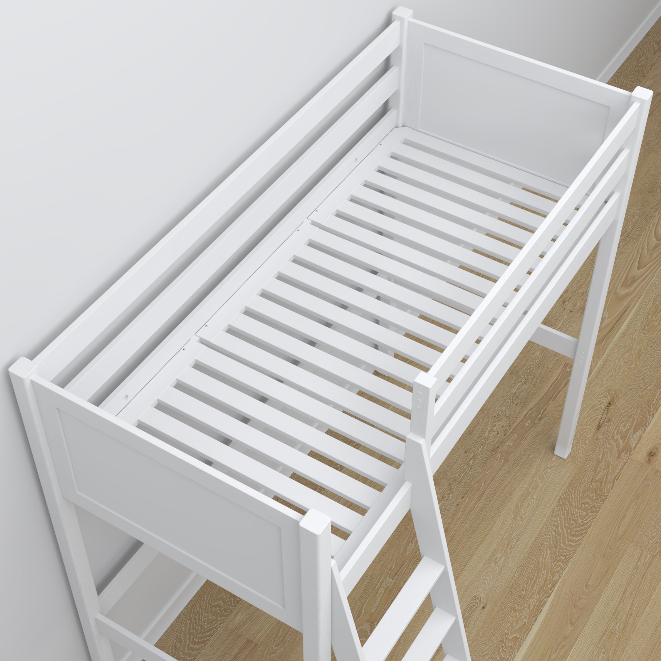 Loft bed white in children’s room – scandi arrangement, wooden