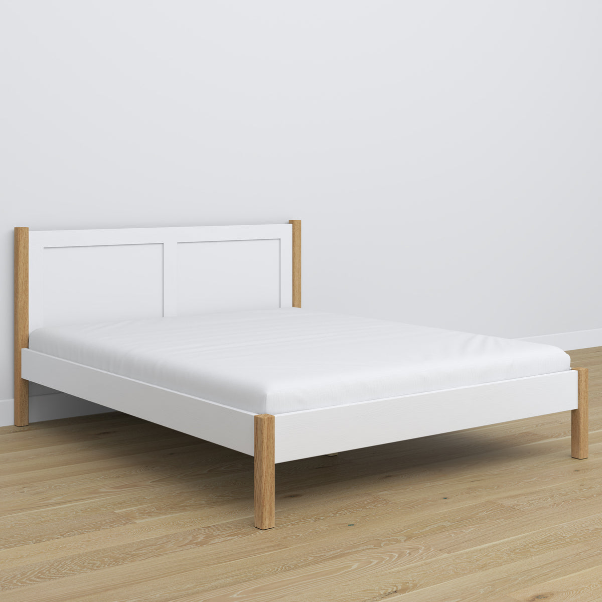 White and Oak Double Bed – Wooden Headboard, Close-up of Wood Quality