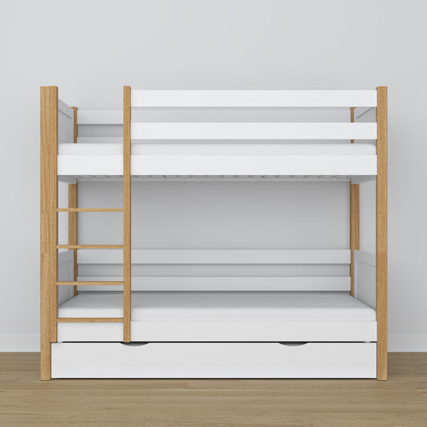 White and Oak Bunk Bed with Mattress Drawer – Safety Rail, Wooden, Nizio Home