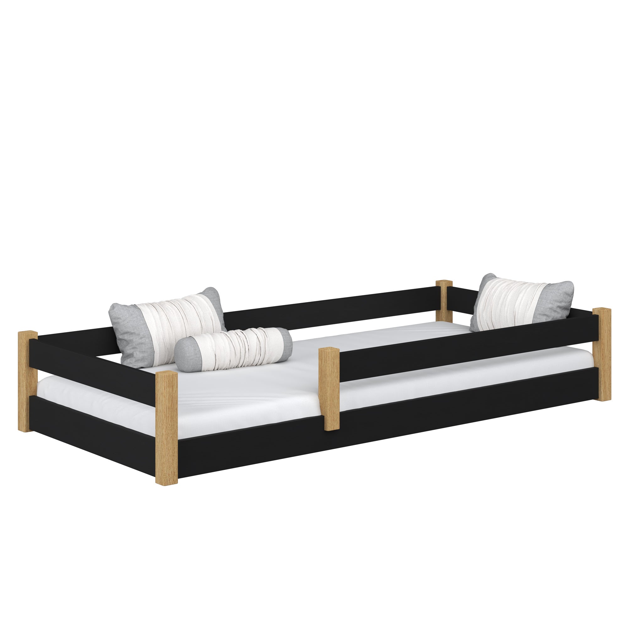 Low Bed Wooden Black and Oak – Bedroom, Solid Wood, Scandinavian Style, Nizio