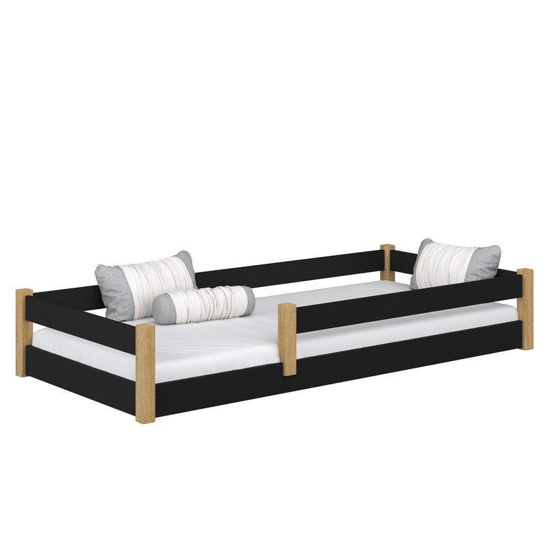 Low Bed Wooden Black and Oak – Bedroom, Solid Wood, Scandinavian Style, Nizio