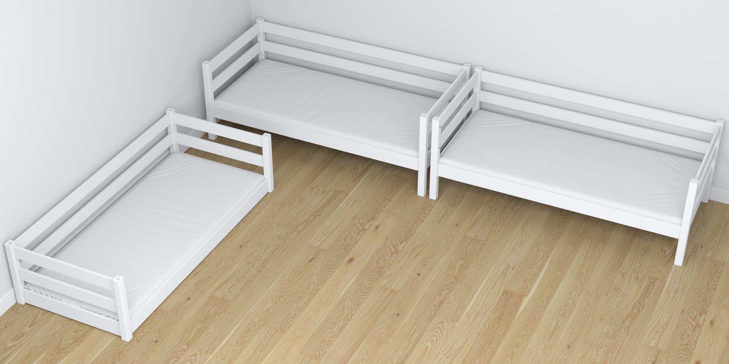 Triple bunk bed wooden white – close-up of joints and construction details