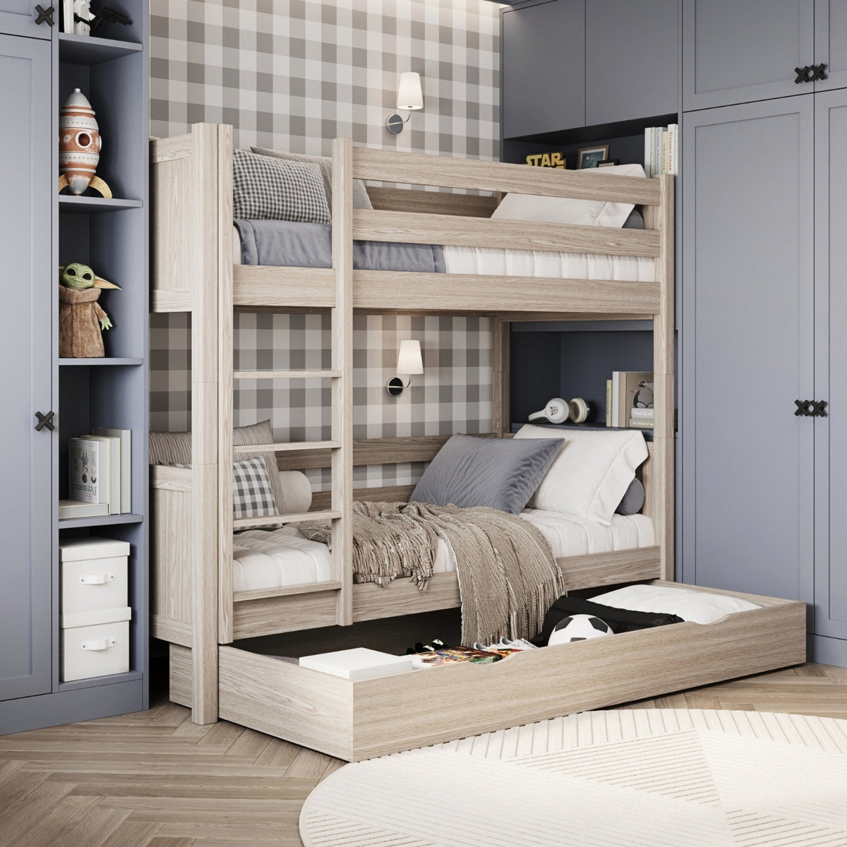 Bleached Oak Bunk Bed with Drawer – Oak Safety Rail and Ladder, Nizio