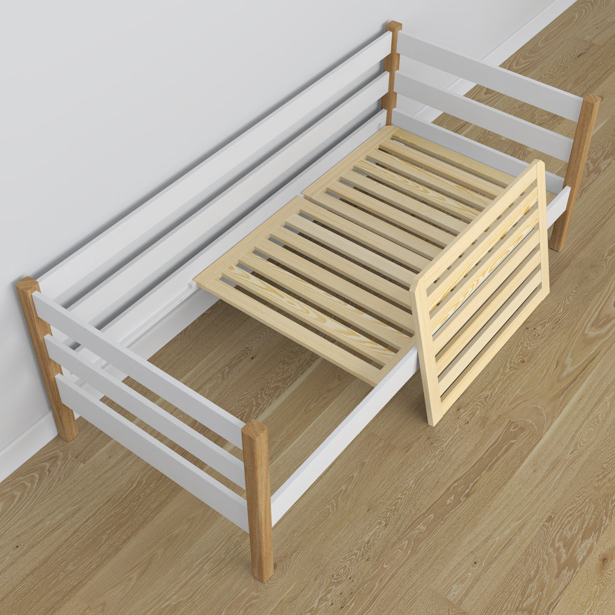 Sofa bed wooden white-oak – angled view, scandi