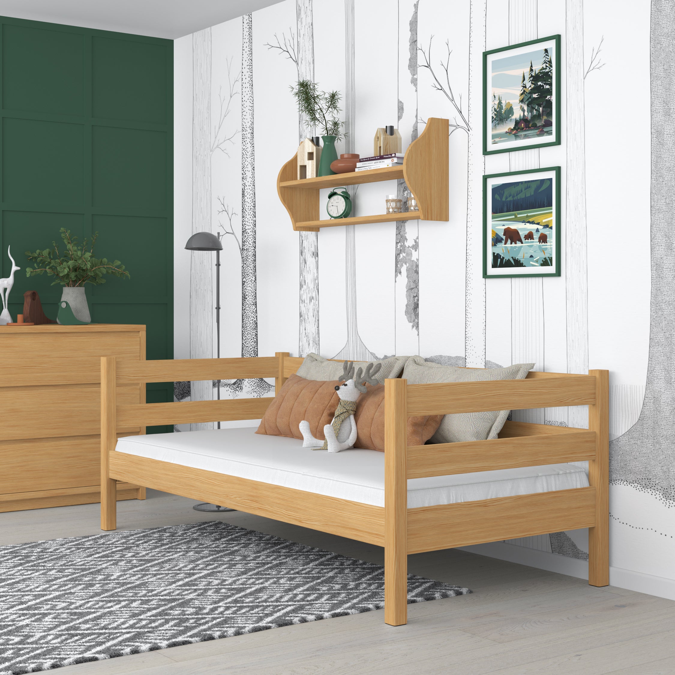 Łóżko sofa drewniane sosna naturalna – widok boczny, bryła i proporcje mebla