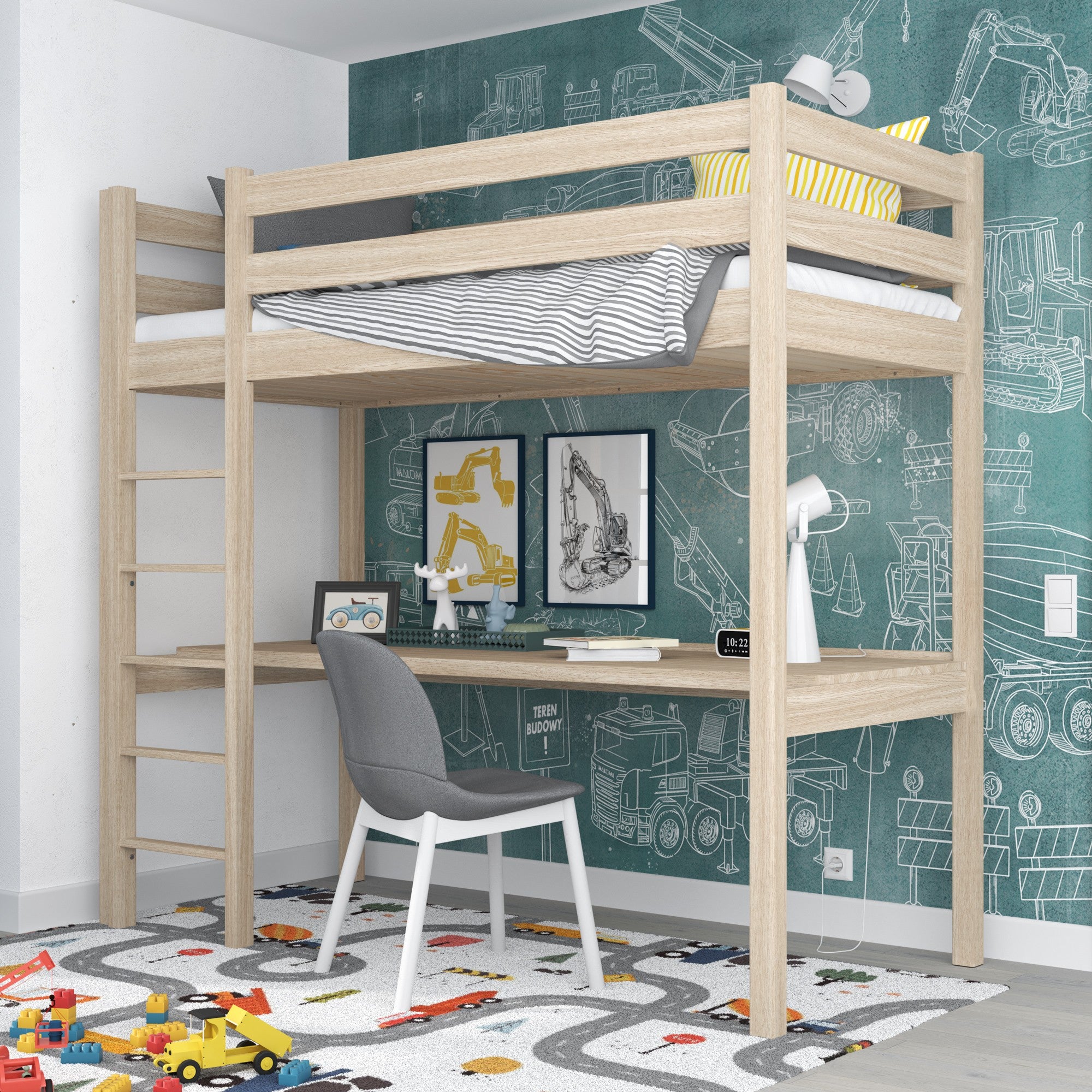 Oak Loft Bed with Desk Bleached Oak – Ladder and Safety Rail
