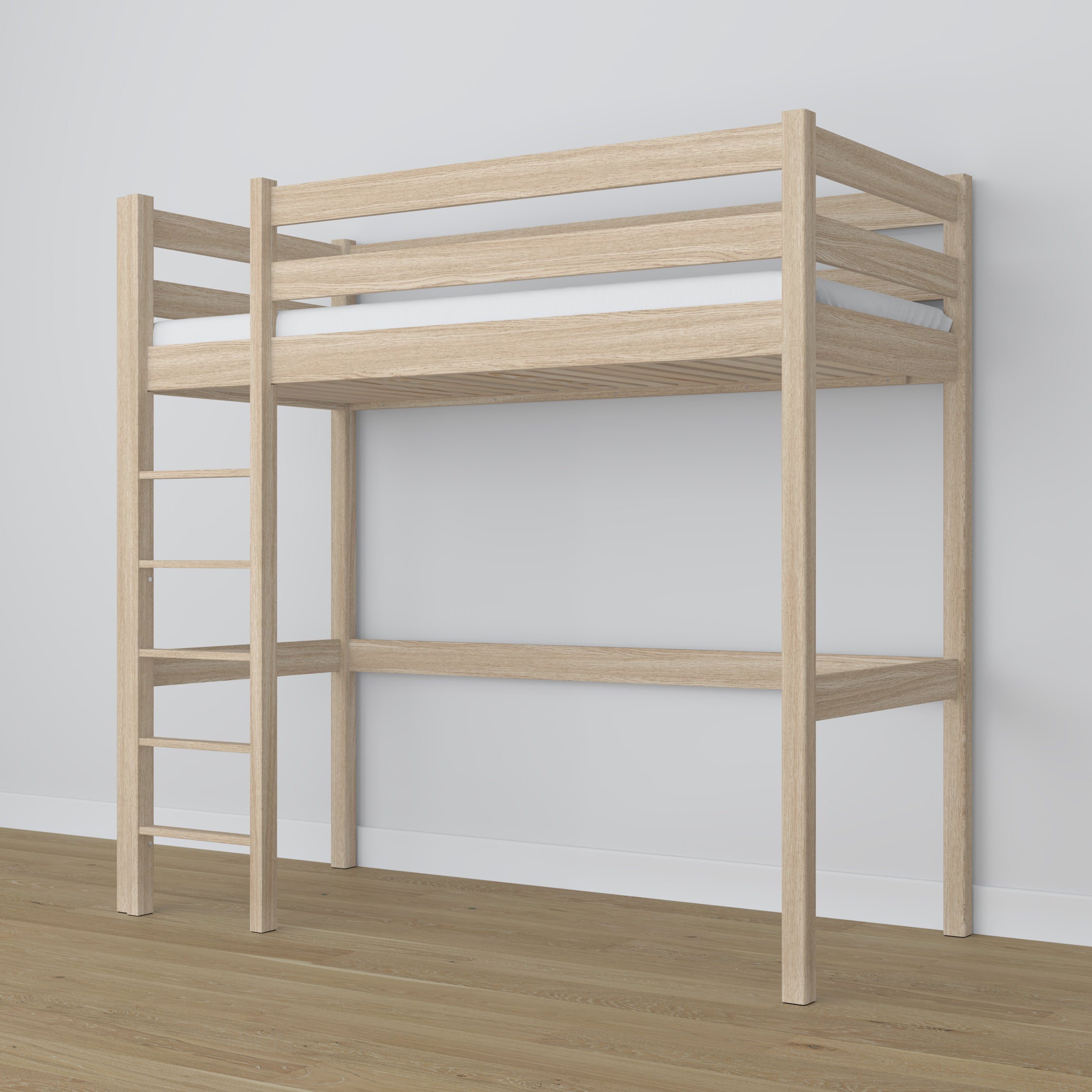 Bleached Oak Loft Bed – Slatted Frame, Side View