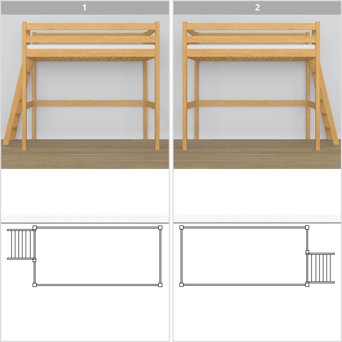 Natural Pine Wooden Loft Bed – Top View of Sleeping Area