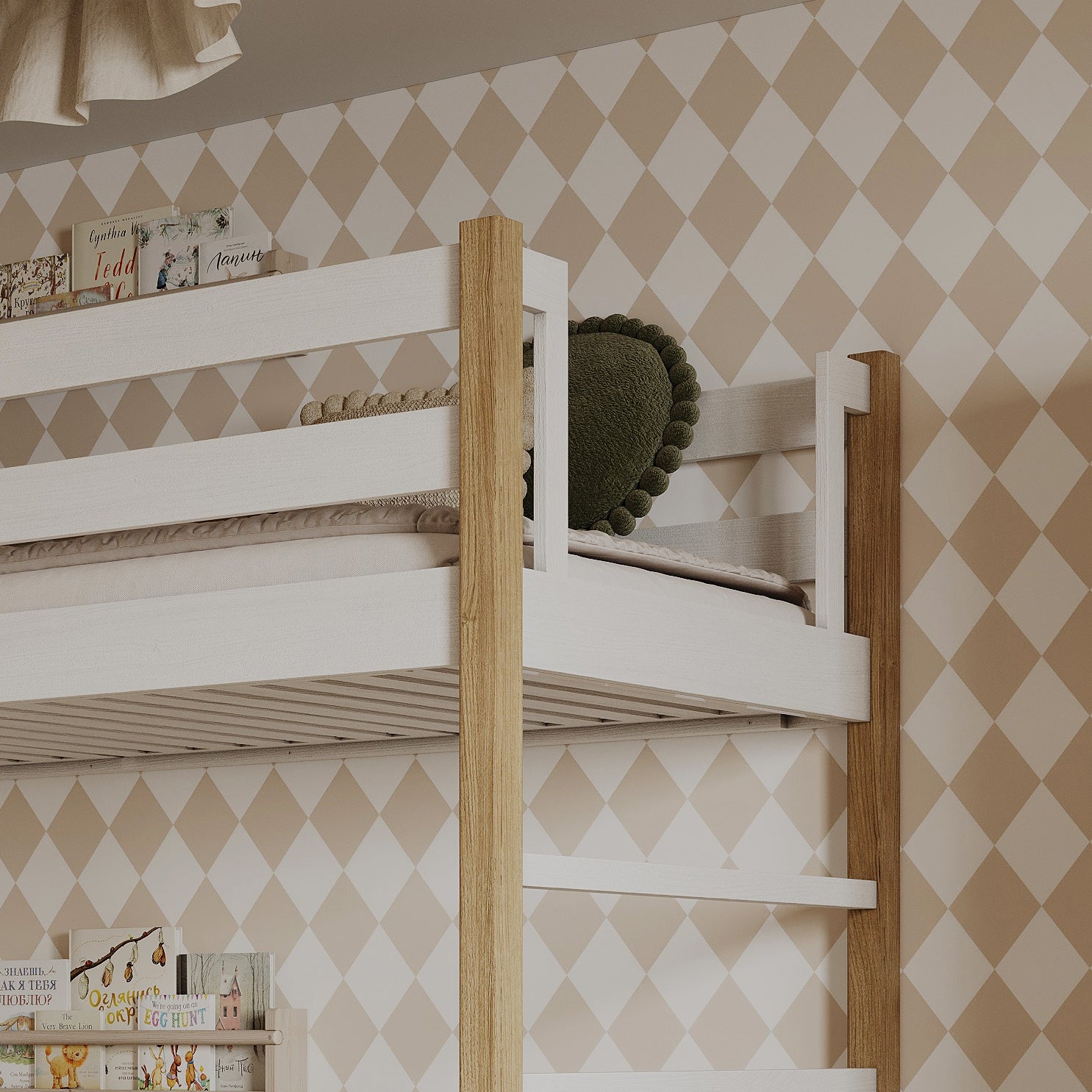 White and Oak Wooden Bunk Bed with Drawer – Scandinavian Design, Nizio
